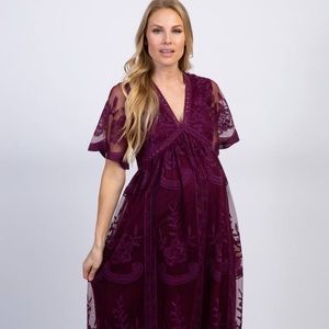 PinkBlush Deep Burgundy Lace Mesh Overlay Maternity Maxi Dress
